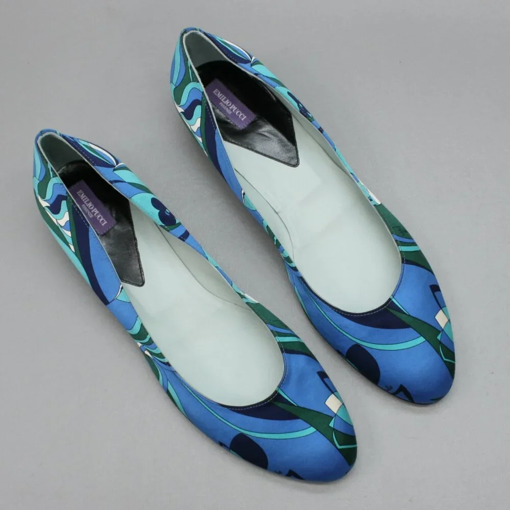 Emilio Pucci 41 Ladies 10.5-11 Blue Teal Silk Ballet Flats Low Heels Shoes Italy - Picture 6 of 12